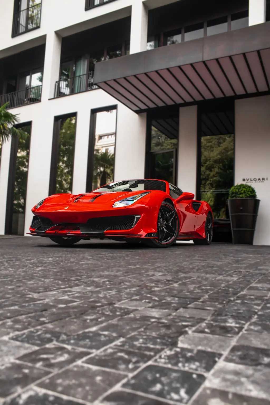 Rear of Ferrari in the hotel courtyard