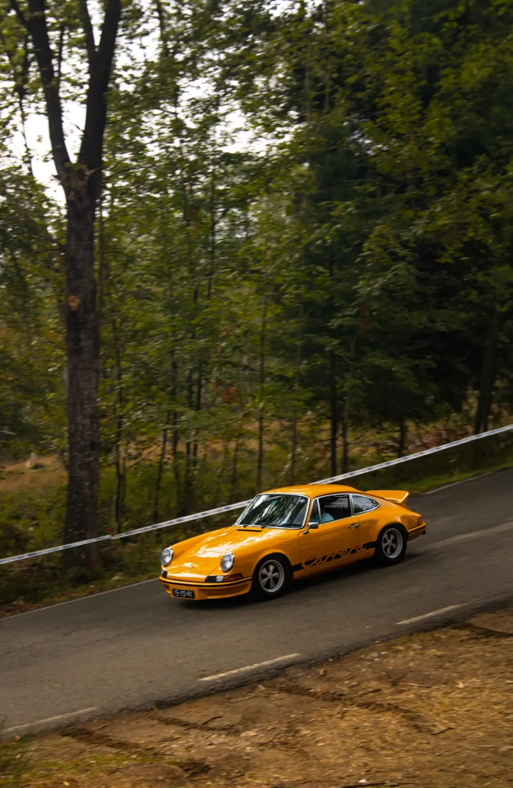 Porsche 911 Carrera RS gialla in salita nei boschi del Mottarone