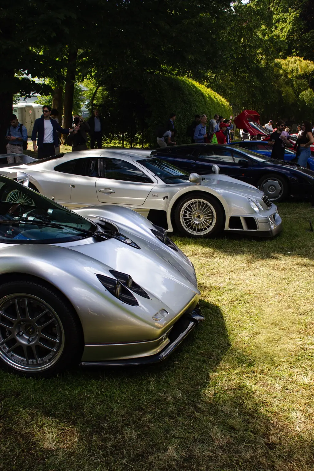 Gruppo di supercar argentate esposte sotto gli alberi